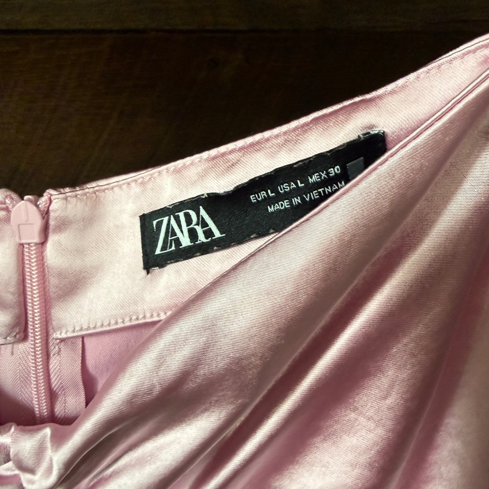 Zara Pink Ruched Satin Midi Skirt - Picture 2 of 4